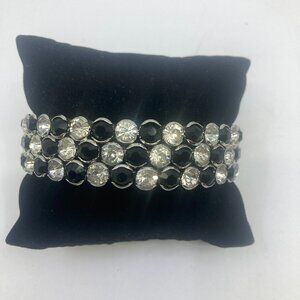 Vtg 1960 cuff bangle black/clear crystal rhinestone bracelet